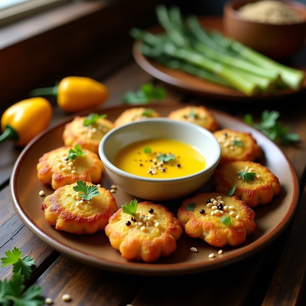 Tortitas doradas y crujientes de garbanzos y espárragos servidas en un plato rústico de cerámica, acompañadas de una salsa cremosa de ají amarillo en un pequeño bol. Decoradas con semillas de sésamo tostadas y hojas de perejil fresco. Fondo con textura de madera oscura y ajíes amarillos enteros como elemento decorativo.