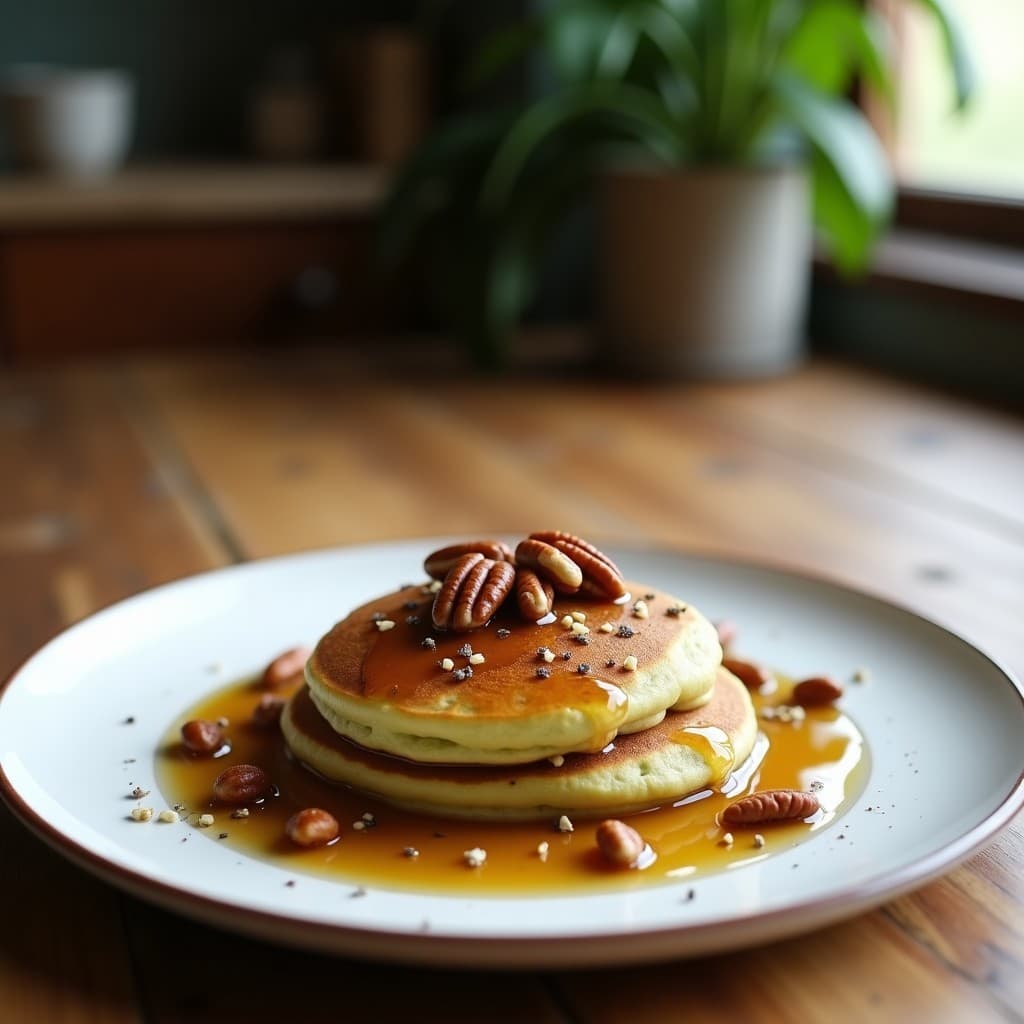 Plato blanco con tortitas doradas y esponjosas de harina de banana verde, bañadas en sirope de yacón brillante y decoradas con nueces picadas. Desayuno keto y prebiótico servido con fondo de cocina rústica.
