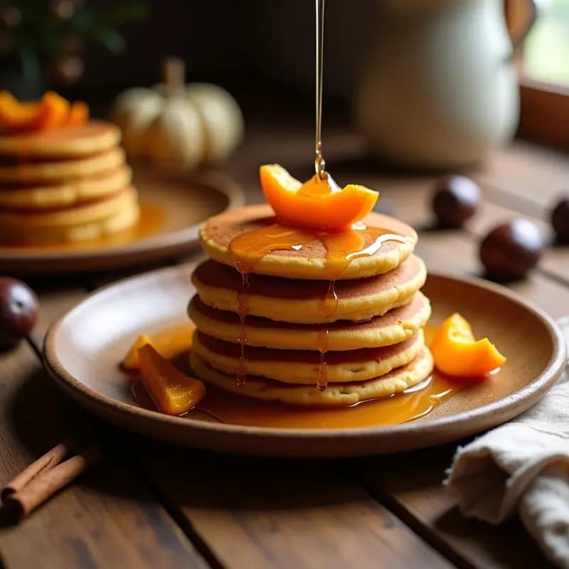 Pila de tortitas doradas de harina de castañas y calabaza, apiladas con un chorrito de miel y rodajas de calabaza asada de decoración. Plato rústico de madera con fondo otoñal.