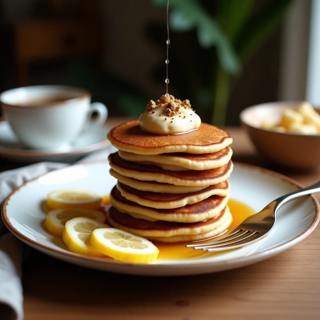 Plato blanco con tortitas doradas de harina de coco y polvo de hongos reishi, apiladas y acompañadas de frutos rojos, miel y semillas de chía. Desayuno inmunoestimulante sin gluten con textura esponjosa y color dorado natural.