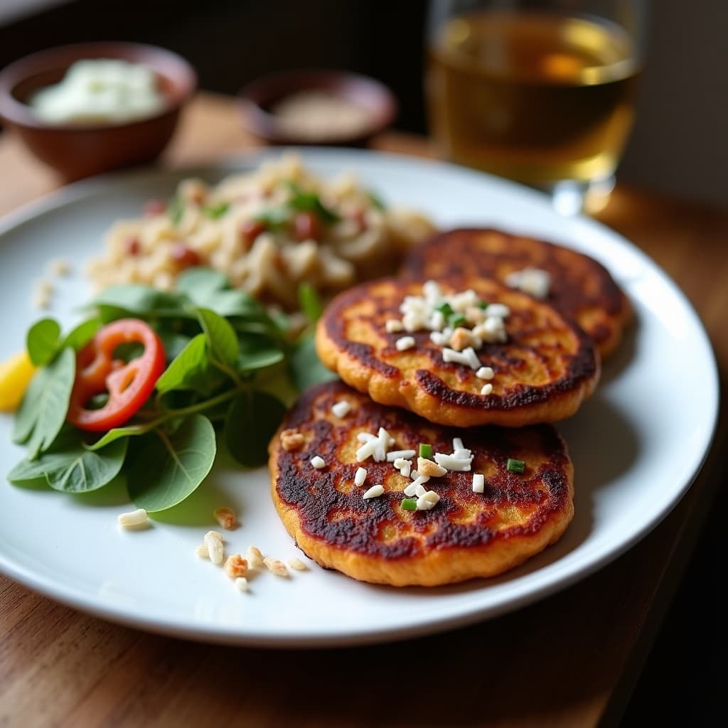Plato blanco con tortitas doradas de harina de coco y puré de batata morada, apiladas y con un vibrante color violeta en el interior. Acompañadas de semillas de chía y un chorrito de leche de almendras, sobre un fondo rústico de madera.