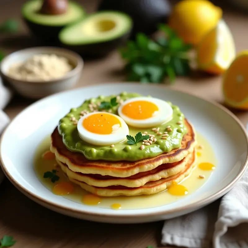 Plato blanco con dos tortitas doradas de harina de garbanzo apiladas, crema de aguacate verde brillante debajo, huevos de codorniz fritos encima con la yema líquida, semillas de sésamo espolvoreadas y un hilo de miel. Fondos borrosos con ingredientes como limón, aguacate y harina de garbanzo. Receta de desayuno proteico viral.