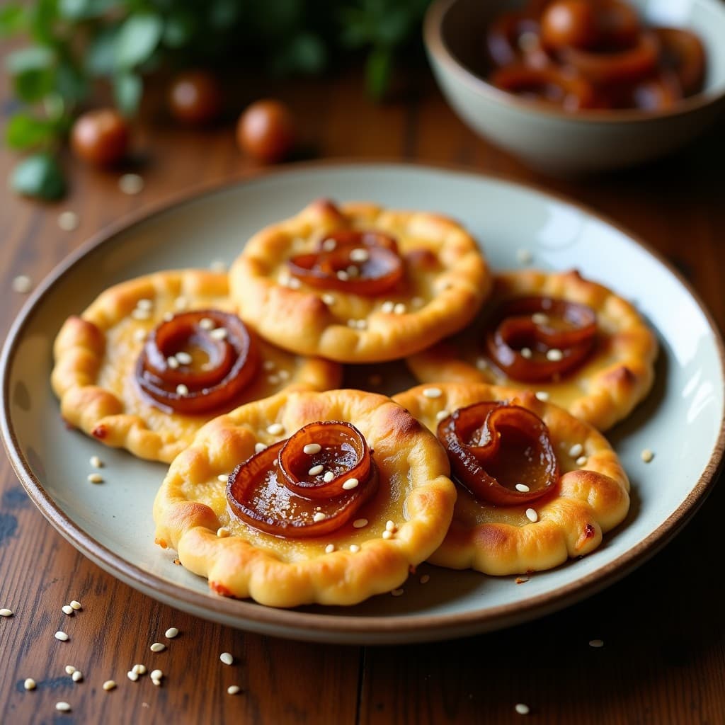 Tortitas doradas y crujientes de harina de garbanzo con cebolla caramelizada de color ámbar servidas en un plato de madera rústico, receta italiana para tupper.