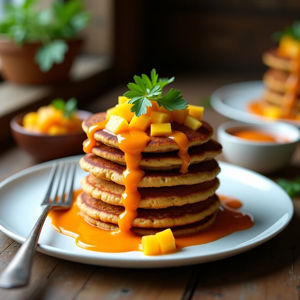 Plato blanco con tortitas doradas de harina de grillo apiladas, bañadas en salsa de mango habanero de color naranja brillante, decoradas con hojas de cilantro fresco y rodajas de mango. Desayuno sostenible alto en hierro y proteína.