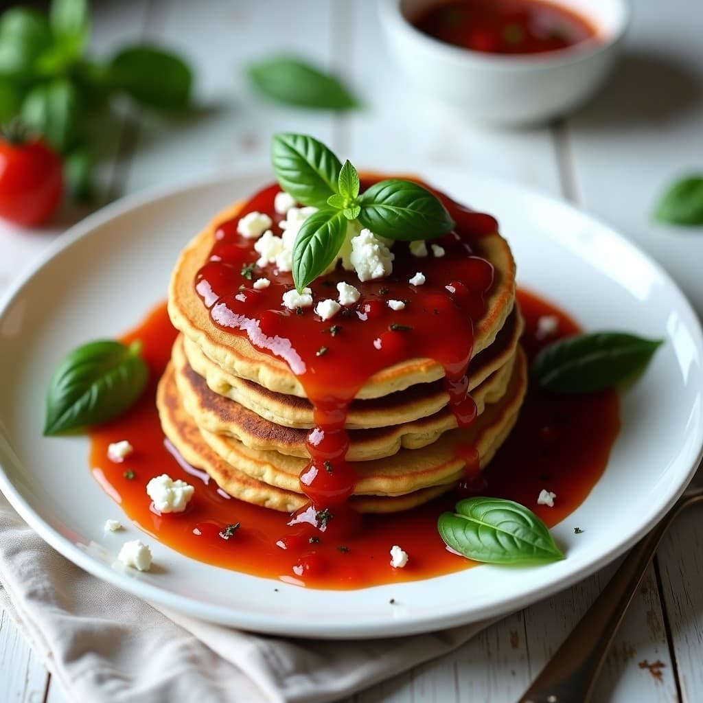 Plato blanco con tortitas doradas de harina de grillo, cubiertas con mermelada de tomate y albahaca de color rojo intenso, decoradas con hojas frescas de albahaca. Receta innovadora de insectos comestibles alta en proteína.