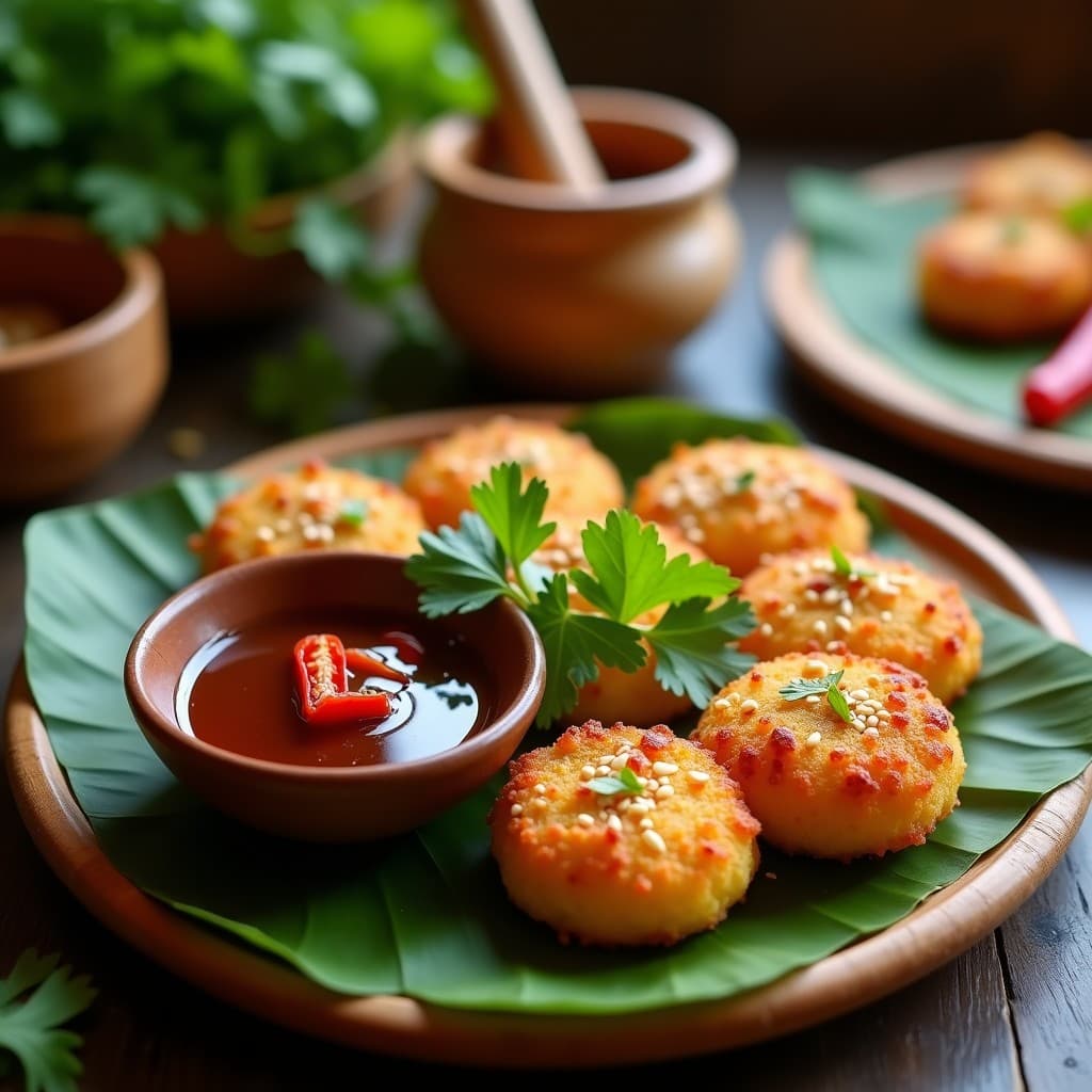 Plato de madera rústico con tortitas doradas de harina de grillo, crujientes por fuera y esponjosas por dentro, acompañadas de una salsa de tamarindo brillante y oscura en un cuenco pequeño. Decoradas con semillas de sésamo, hojas de cilantro y rodajas de chile rojo sobre un fondo de hojas de plátano, representando un aperitivo tailandés alto en proteína.
