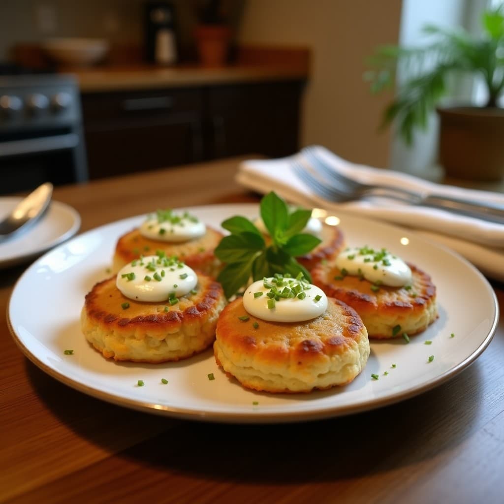 Plato blanco con tortitas doradas de harina de guisante, crema de aguacate verde suave y caviar de berenjena oscuro, decorado con perejil y semillas de sésamo. Entrante vegano español elegante y colorido.