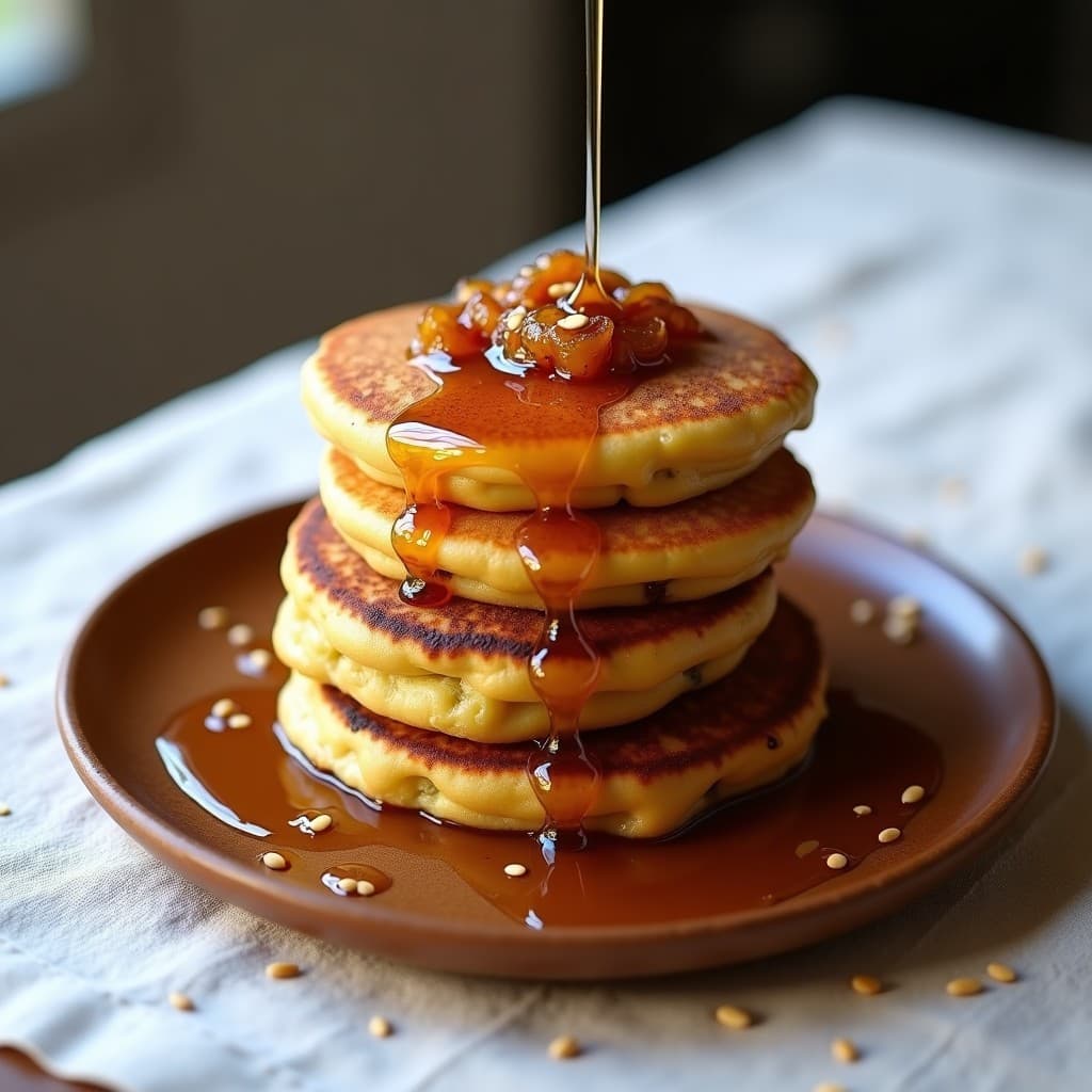 Plato de tortitas doradas de harina de guisante con cebolla caramelizada, bañadas en sirope de arce y decoradas con semillas de sésamo. Desayuno sin gluten, vegano y alto en proteína en un fondo rústico de madera.