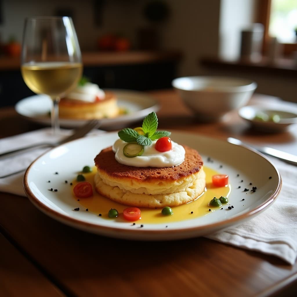 Tortitas doradas de harina de guisante servidas en plato blanco con crema de espárragos y trufa, decoradas con aceite de trufa negra y cebollino fresco. Desayuno europeo vegano gourmet.