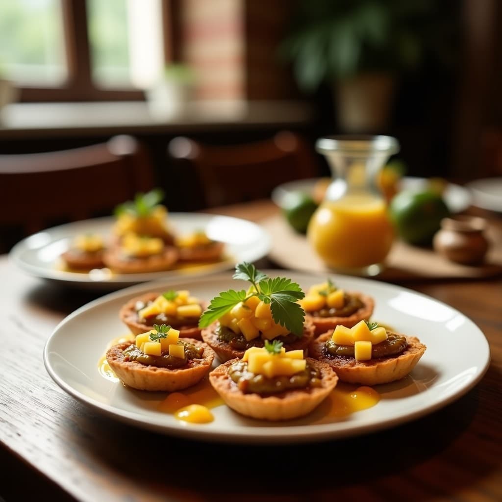 Plato de tortitas doradas y crujientes hechas con harina de insectos, servidas con una salsa vibrante de mango y chile de árbol, decoradas con rodajas de mango fresco y hojas de cilantro. Receta mexicana alta en proteínas y sostenible.