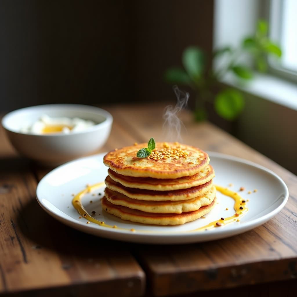 Plato blanco con tortitas doradas de harina de sorgo y mango en polvo, apiladas con semillas de sésamo tostadas por encima, acompañadas de un bol de yogur de coco y un chorrito de miel de savia de palma sobre fondo rústico de madera.
