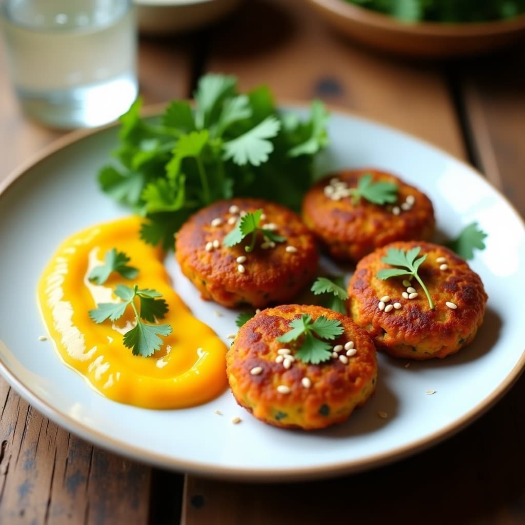 Tortitas doradas y crujientes de lentejas rojas y cilantro con semillas de sésamo, servidas en un plato blanco con salsa de mango fresca de color amarillo vibrante y hojas de cilantro. Aperitivo indio en airfryer, vegano y sin gluten.