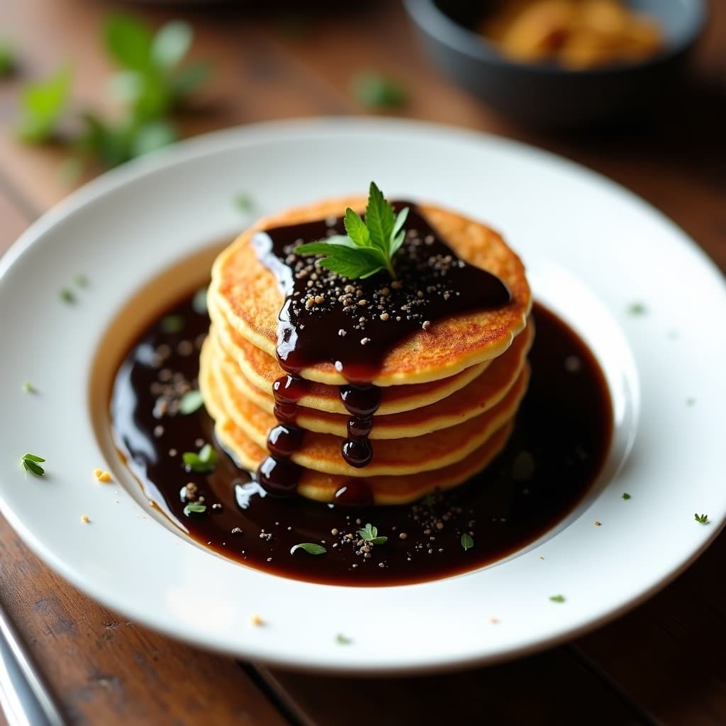 Plato blanco elegante con tortitas doradas de harina de lentejas apiladas, bañadas en una salsa oscura y brillante de trompeta de la muerte y trufa negra, decoradas con perejil fresco. Receta gourmet sin gluten en 20 minutos.
