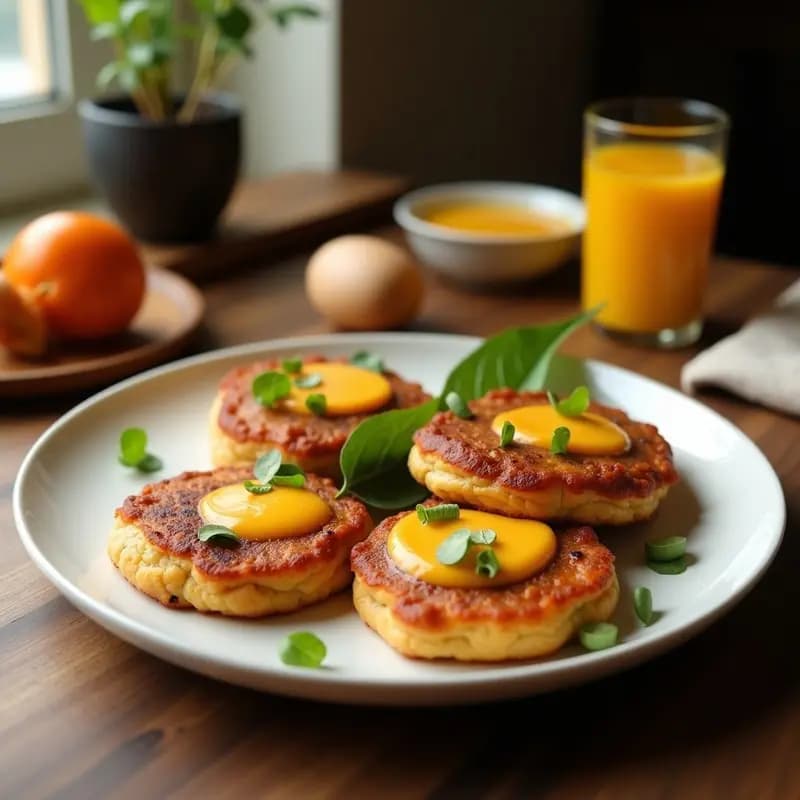 Plato con tortitas de maíz doradas rellenas de asadito colombiano de carne, cebolla, tomate y pimiento, coronadas con huevo escalfado y cilantro fresco. Desayuno alto en proteína y energía, típico de la cocina colombiana.