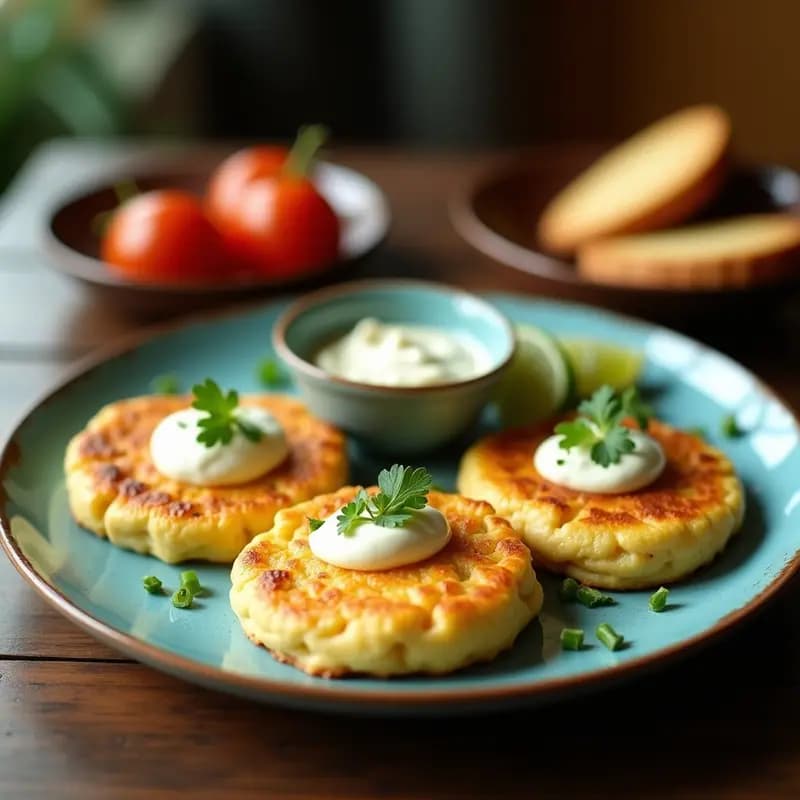 Plato blanco con dos tortitas doradas de maíz azul, cubiertas con crema de aguacate verde brillante, láminas de salmón ahumado rosado, semillas de sésamo negro y cebollino picado. Acompañado de hojas de espinaca baby y un hilo de aceite de oliva. Desayuno mexicano alto en omega-3.