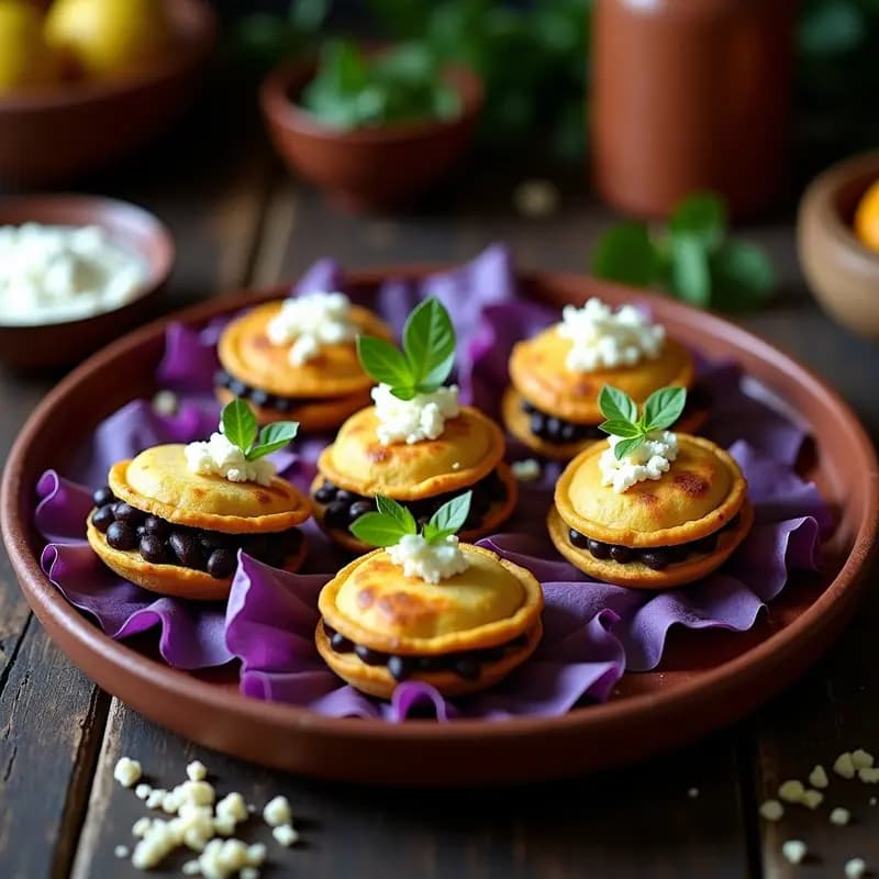 Plato rústico de barro con tortitas doradas de maíz azul rellenas de frijol negro y huitlacoche, servidas sobre hojas de lechuga morada, acompañadas de queso fresco desmenuzado y crema ácida, con epazote fresco como decoración. Receta tradicional mexicana de tortitas de maíz azul con frijol negro y huitlacoche.
