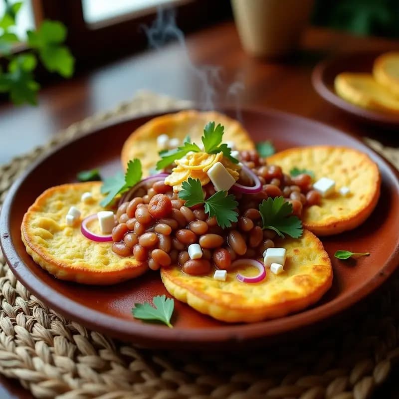 Plato rústico de barro con tortitas de maíz azteca doradas, cubiertas con frijoles charros, queso chicharrón crujiente, cebolla morada, cilantro fresco y chile serrano. Desayuno mexicano alto en fibra con colores vibrantes y texturas contrastantes.