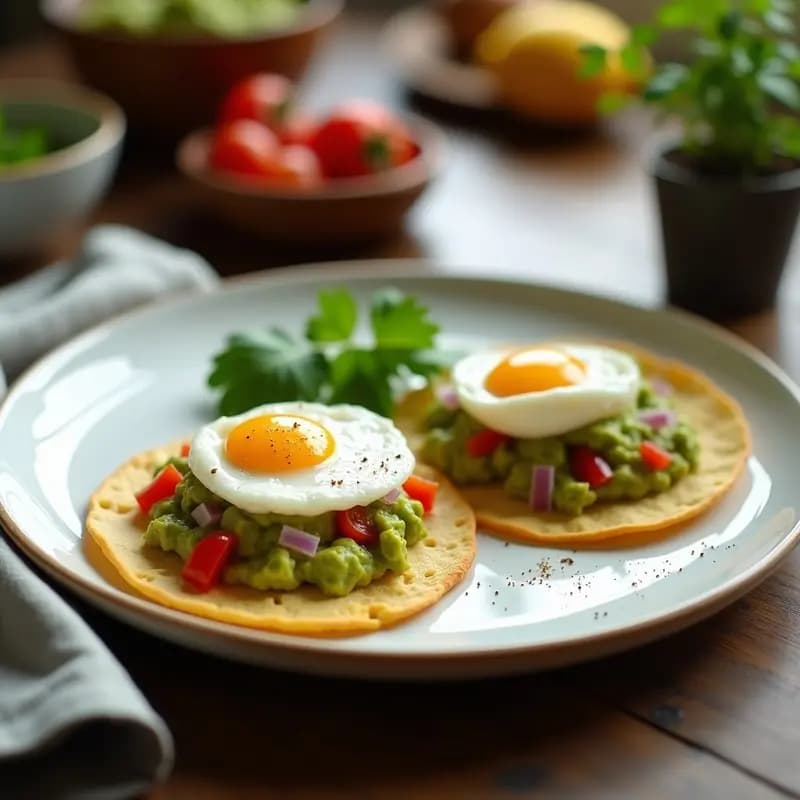 Plato blanco con dos tortitas de maíz doradas, cubiertas con guacamole cremoso verde y coronadas con huevo pochado de yema líquida. Acompañado de tomate cherry y cilantro fresco, receta colombiana energética para desayuno.