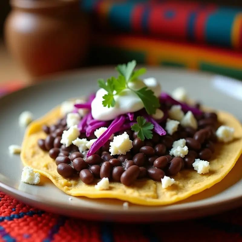 Plato tradicional mexicano con tortitas de maíz doradas cubiertas de huaraches de frijol negro cremoso, queso cotija desmenuzado, crema ácida, lechuga morada y cilantro fresco, receta rápida y auténtica.