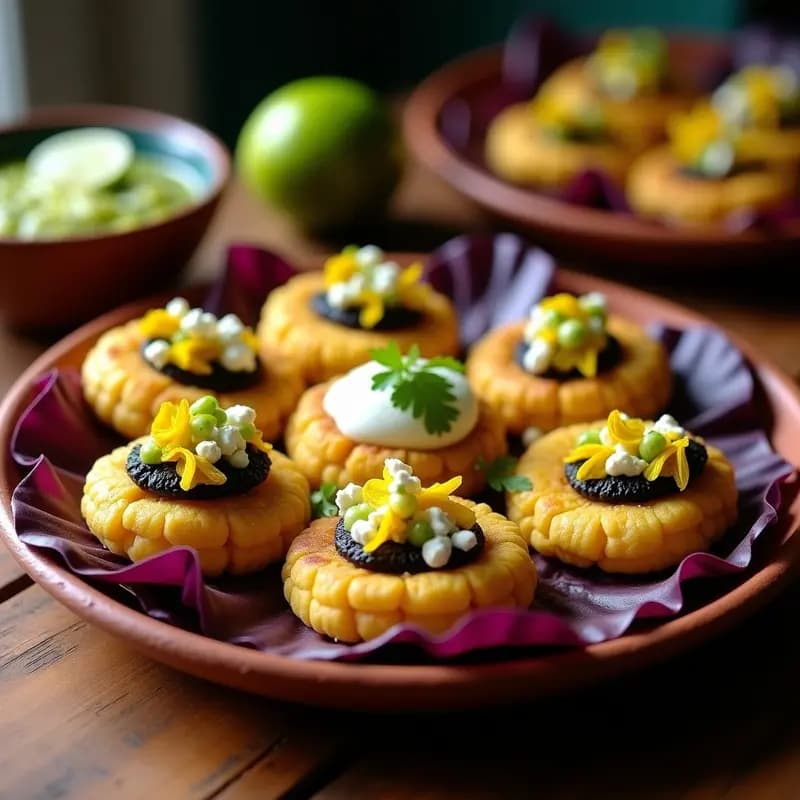 Plato rústico de barro con tortitas de maíz azul doradas, rellenas de huitlacoche y flor de calabaza, decoradas con queso fresco desmenuzado, crema ácida vegana y salsa verde, sobre hojas de lechuga morada. Receta tradicional mexicana sin gluten.