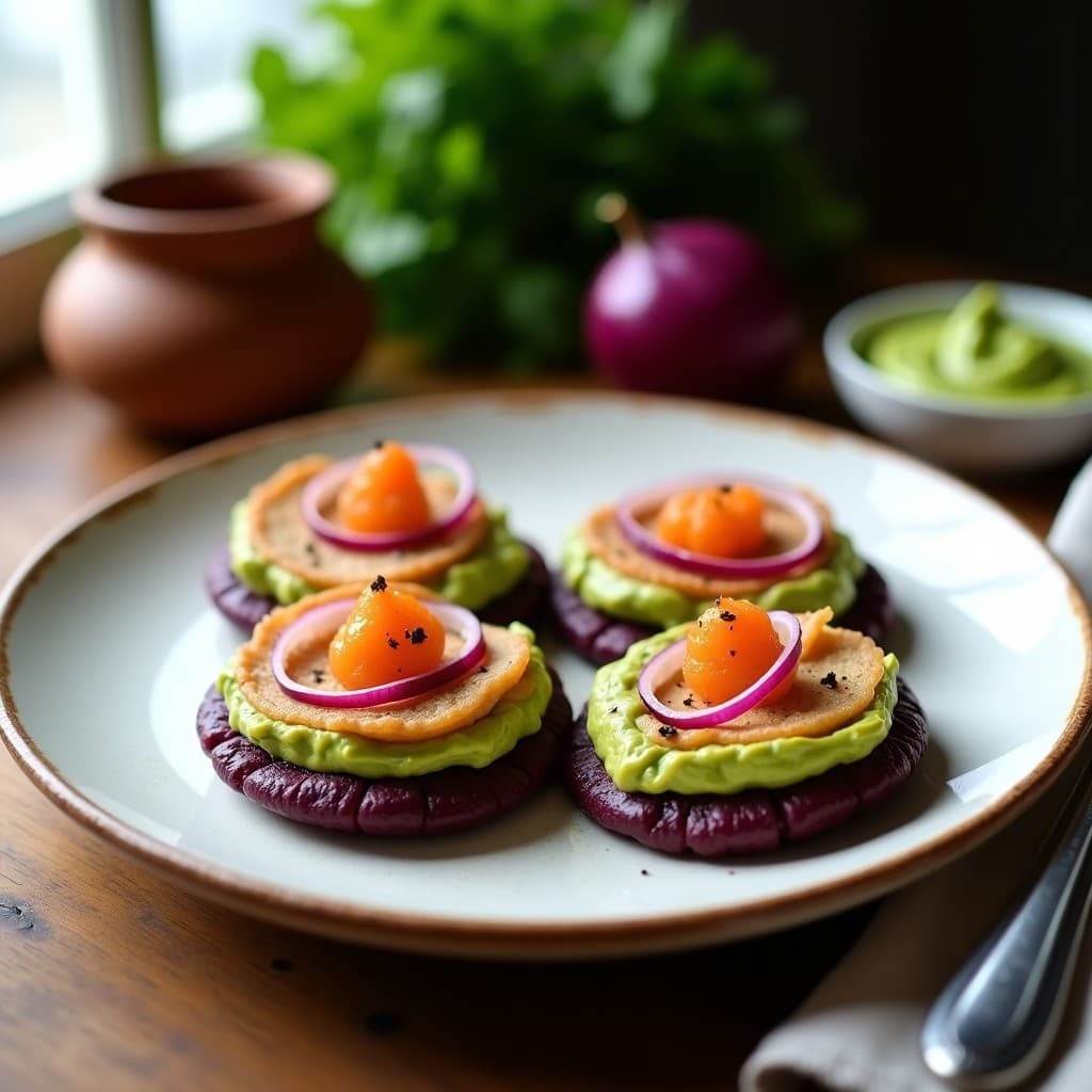 Plato de tortitas de maíz morado doradas en sartén, servidas con crema de aguacate verde brillante y huevas de pesca naranjas, decoradas con cebolla morada en juliana y comino espolvoreado. Receta colombiana tradicional en sartén.