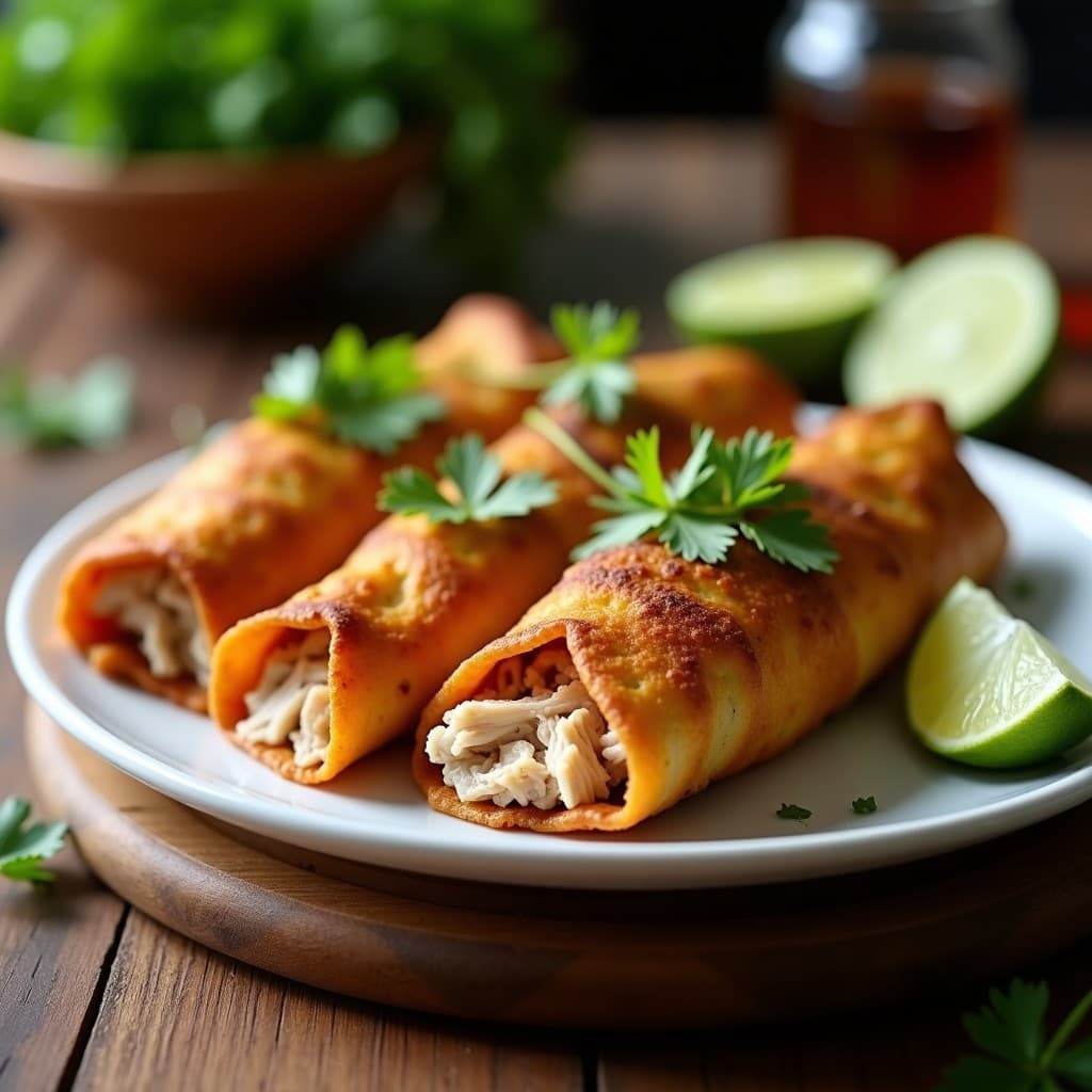 Tortitas doradas y crujientes de maíz morado rellenas de pollo desmenuzado, servidas en plato blanco con hoja de cilantro y rodaja de limón, receta colombiana en airfryer alta en proteína.