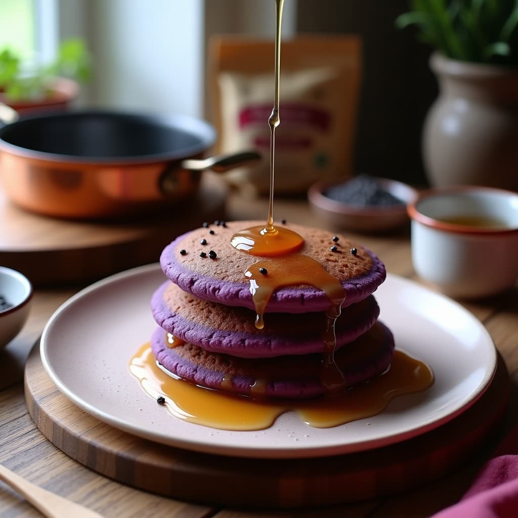 Tortitas de maíz morado con semillas de amapola doradas en sartén antiadherente, apiladas con miel de agave goteando, fondo rústico de madera y utensilios de cocina.
