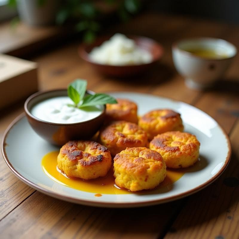 Tortitas doradas de ñame y cúrcuma apiladas en un plato blanco con dip cremoso de yogur de coco en un bol pequeño, decoradas con semillas de sésamo y hierbas frescas.