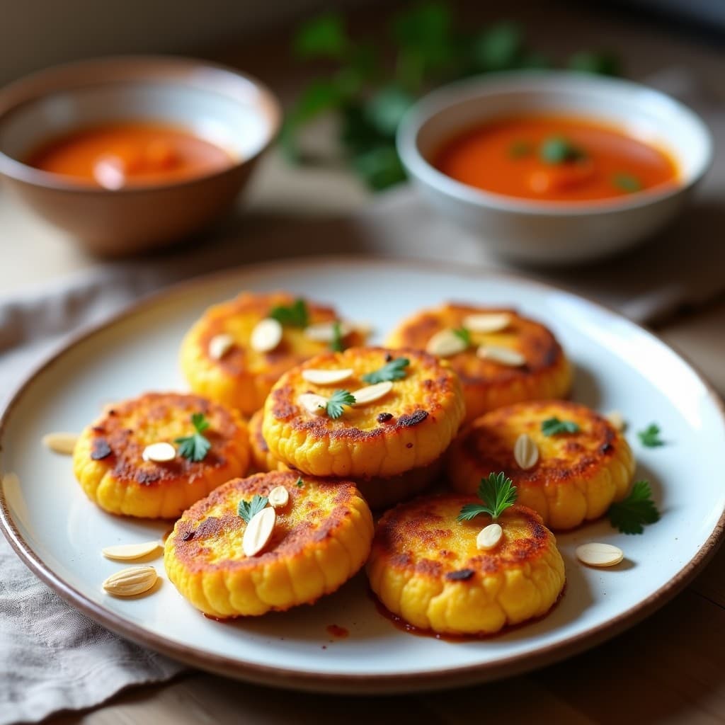 Tortitas doradas y crujientes de polenta y calabaza servidas en plato blanco rústico, acompañadas de salsa de romesco de color rojo anaranjado en cuenco pequeño. Decoradas con perejil fresco y virutas de almendra. Receta catalana en airfryer.