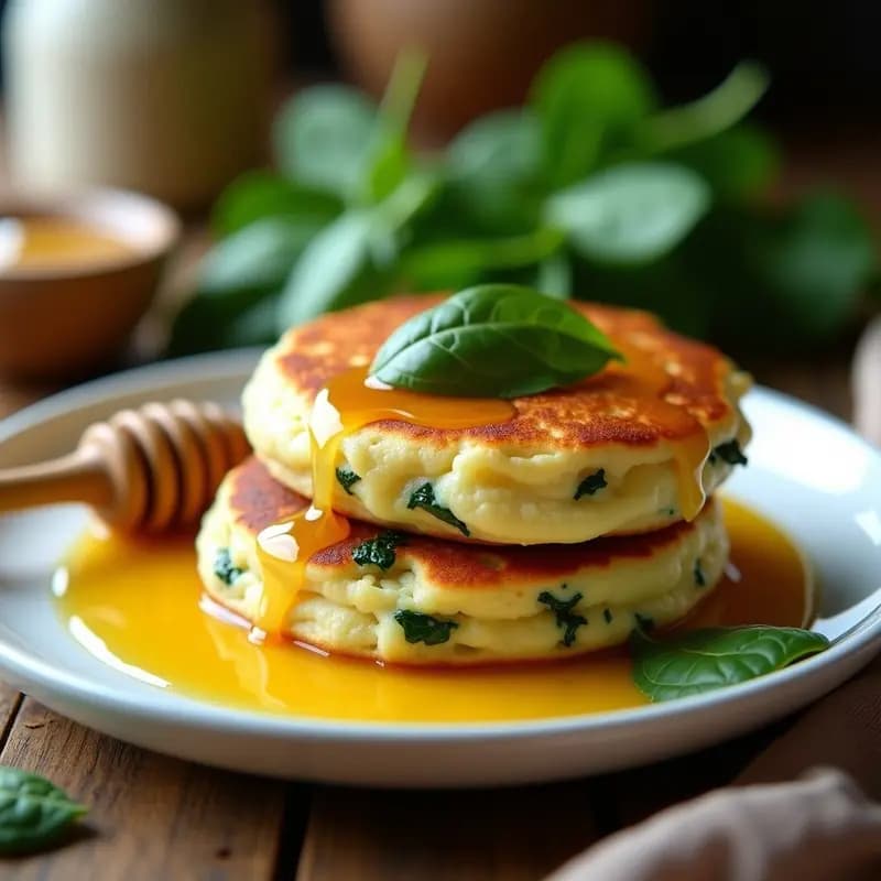 Dos tortitas doradas de queso fresco con espinacas, apiladas y bañadas en miel, servidas en un plato blanco con cuchara de madera y hojas de espinaca fresca alrededor.