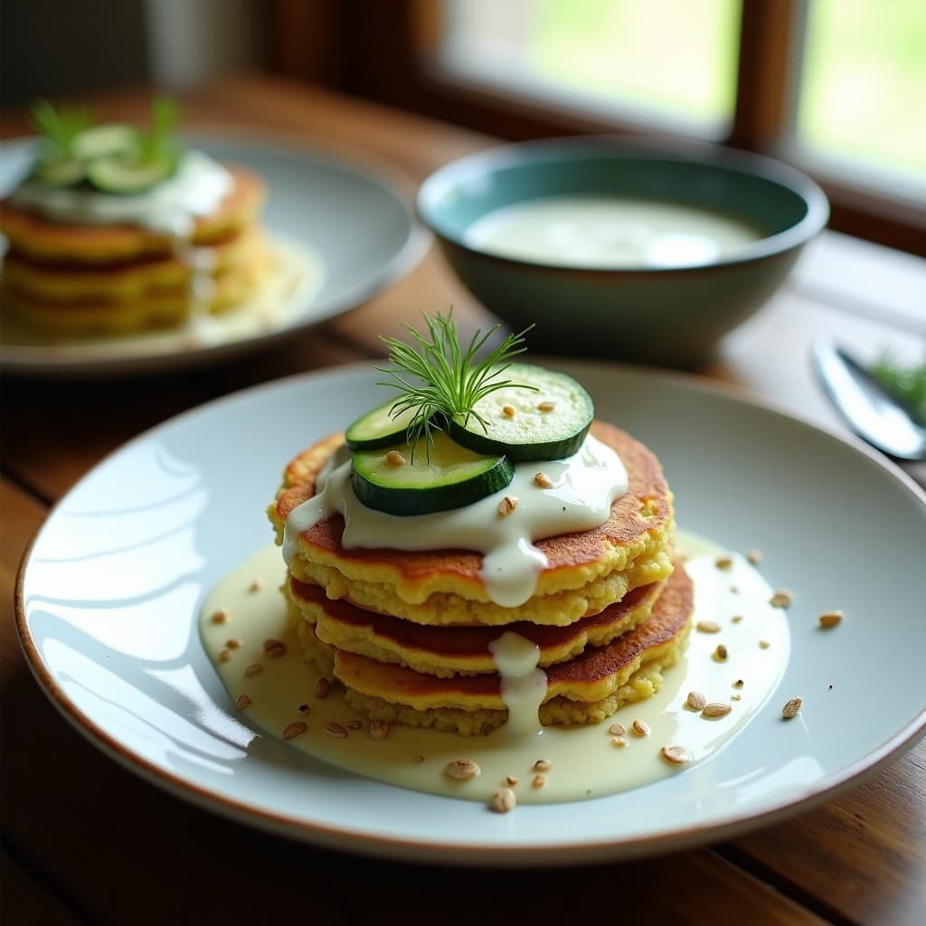 Tortitas doradas de quinoa y calabacín apiladas en un plato blanco, con un bol de aderezo cremoso de yogur de soja al lado, espolvoreadas con semillas de sésamo y decoradas con rodajas de limón y hojas de eneldo fresco.