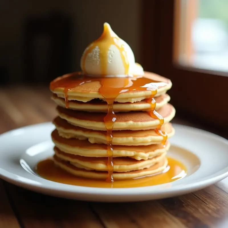 Pila de tortitas espesas doradas con una generosa capa de mantequilla de cacahuete cremosa, una bola de helado de vainilla derritiéndose ligeramente y sirope de arce brillando por encima. Plato de desayuno hipercalórico y tentador.