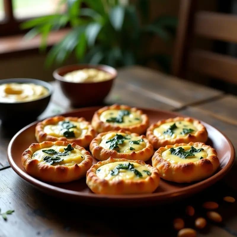 Tortitas doradas y crujientes de socarrat con trocitos verdes de espinacas y piñones tostados, servidas en un plato de barro rústico con un fondo de madera. Receta valenciana sin harina.