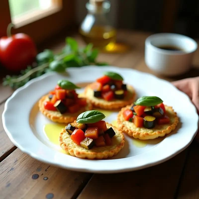 Plato blanco con tortitas de socca doradas y crujientes, coronadas con toppings de ratatouille colorida (berenjena, calabacín, pimiento y tomates cherry asados), decoradas con almendras fileteadas y aceitunas negras. Receta vegana y sin gluten de cocina francesa.