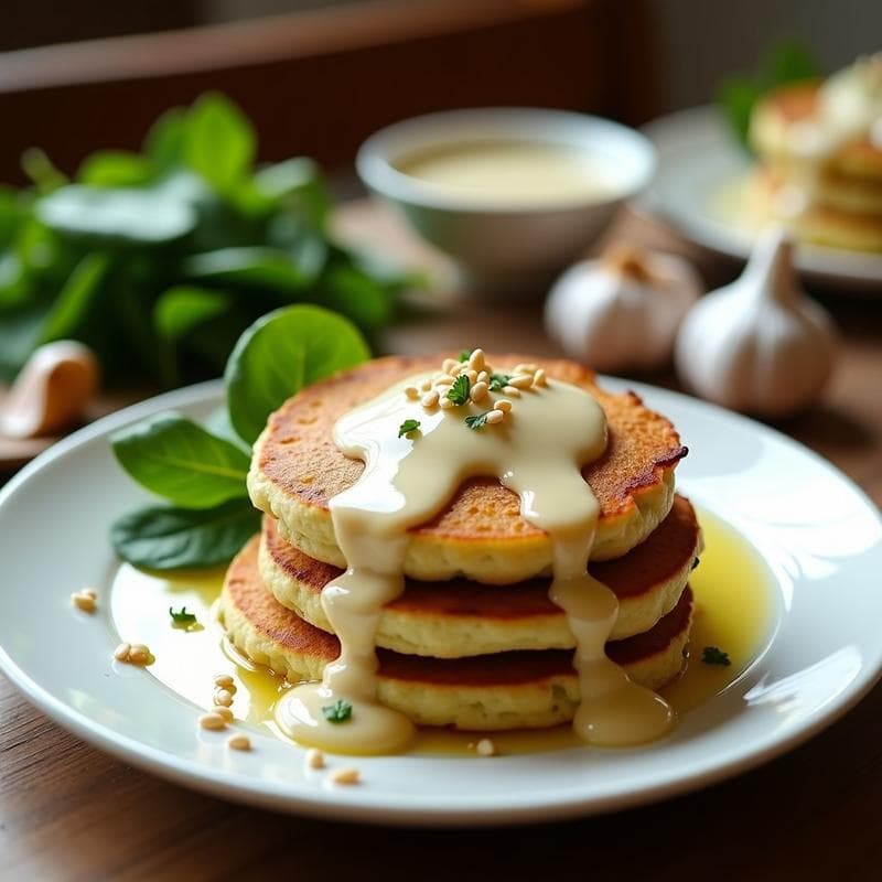 Plato blanco con tortitas doradas de harina de soja y espinacas, apiladas y bañadas en salsa cremosa de ajo asado. Decoradas con semillas de sésamo tostado y un hilo de aceite de oliva virgen extra. Fondo rústico con ingredientes frescos como espinacas y ajos asados.