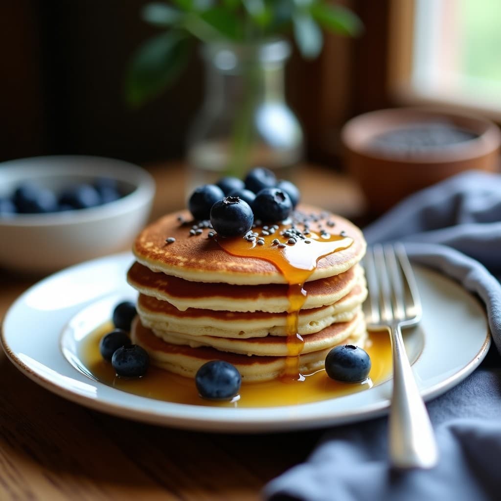 Plato blanco con tortitas doradas de harina de teff y arándanos azules, apiladas y bañadas en miel de agave, acompañadas de arándanos frescos y semillas de chía. Desayuno sin gluten y antioxidante.