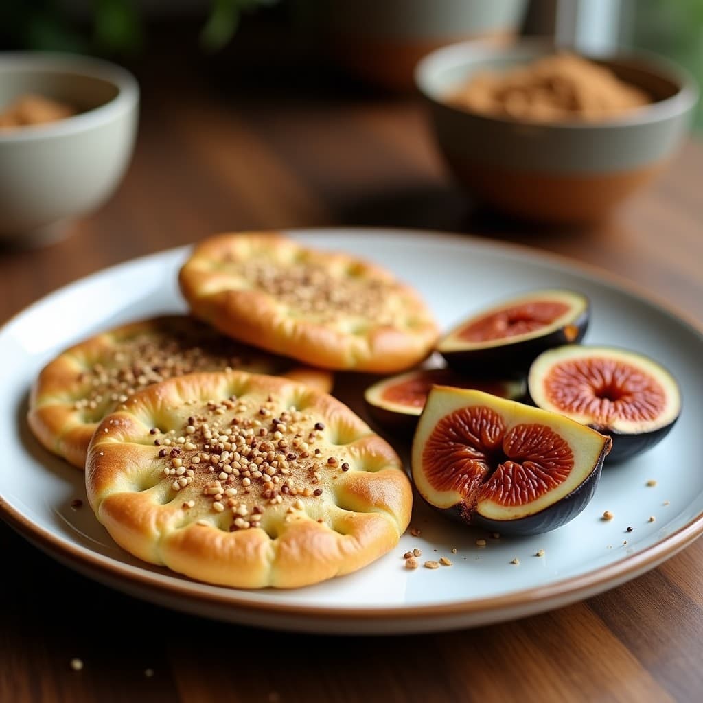Plato blanco con tortitas doradas de zaatar espolvoreadas con semillas de sésamo, acompañadas de higos frescos caramelizados con miel y canela, receta árabe sin horno.