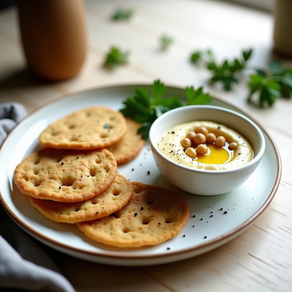 Plato blanco con tortitas doradas de zaatar apiladas junto a un bol de hummus cremoso, decorado con garbanzos y semillas de sésamo. Receta vegana de tortitas de zaatar con hummus.