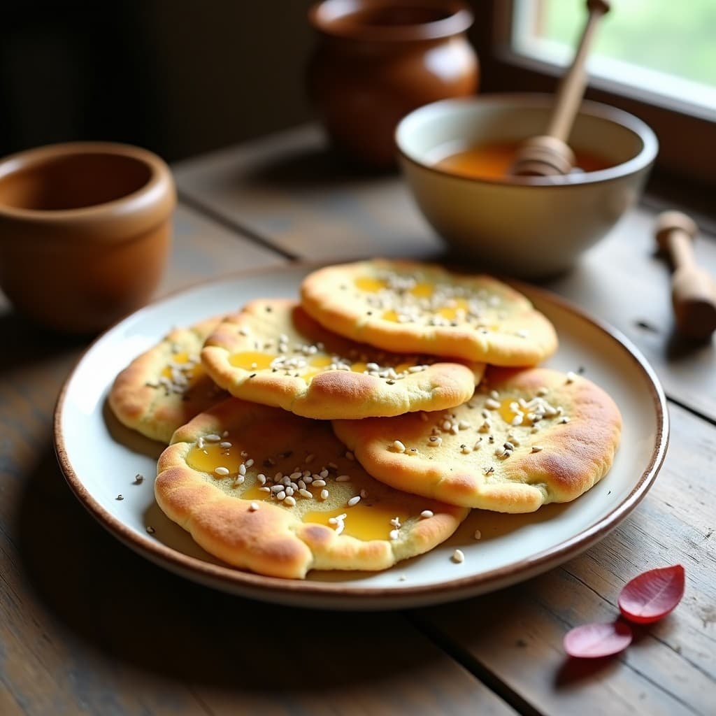 Plato rústico con tortitas doradas de zaatar, panela y miel, espolvoreadas con semillas de sésamo y bañadas en miel líquida, sobre fondo de madera.