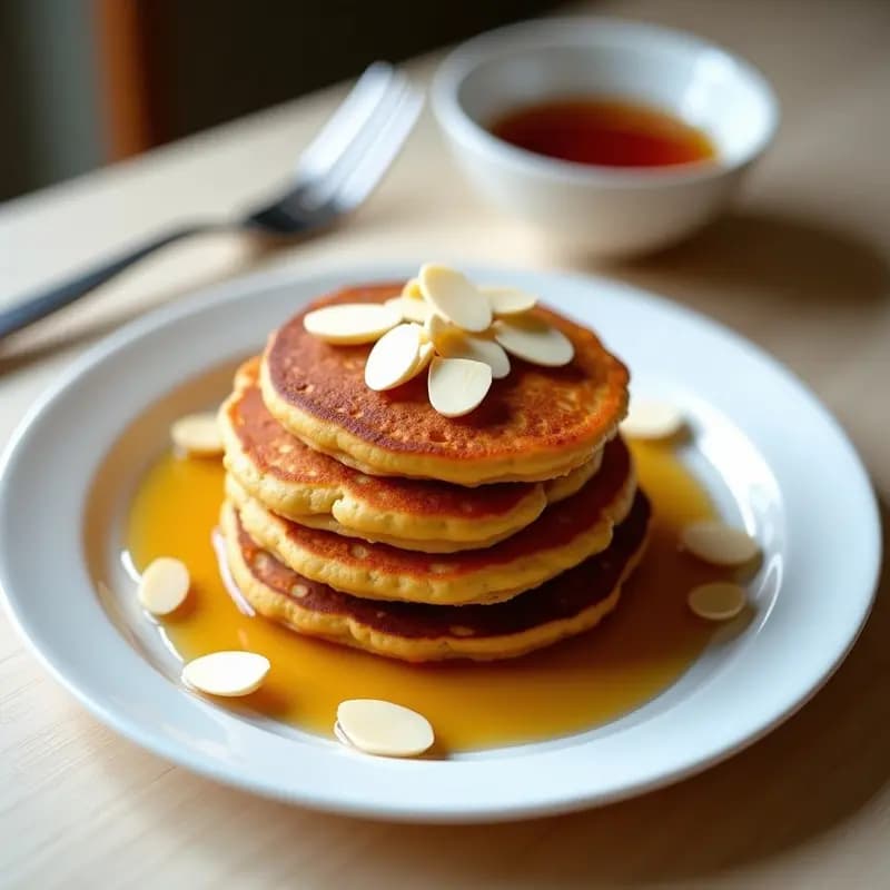 Pila de tortitas doradas de zanahoria y almendra sin huevo, apiladas con trozos de zanahoria rallada visibles, servidas en un plato blanco con un hilo de sirope de arce y almendras fileteadas por encima.