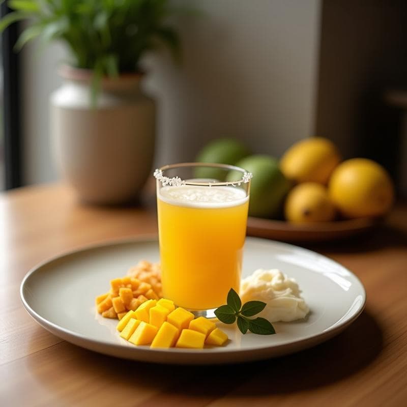 Vaso alto transparente con TJosé de mango y coco con chía, bebida colombiana sin azúcar y detox, decorado con coco rallado y semillas de chía en suspensión, sobre fondo de madera rústica con trozos de mango fresco alrededor.