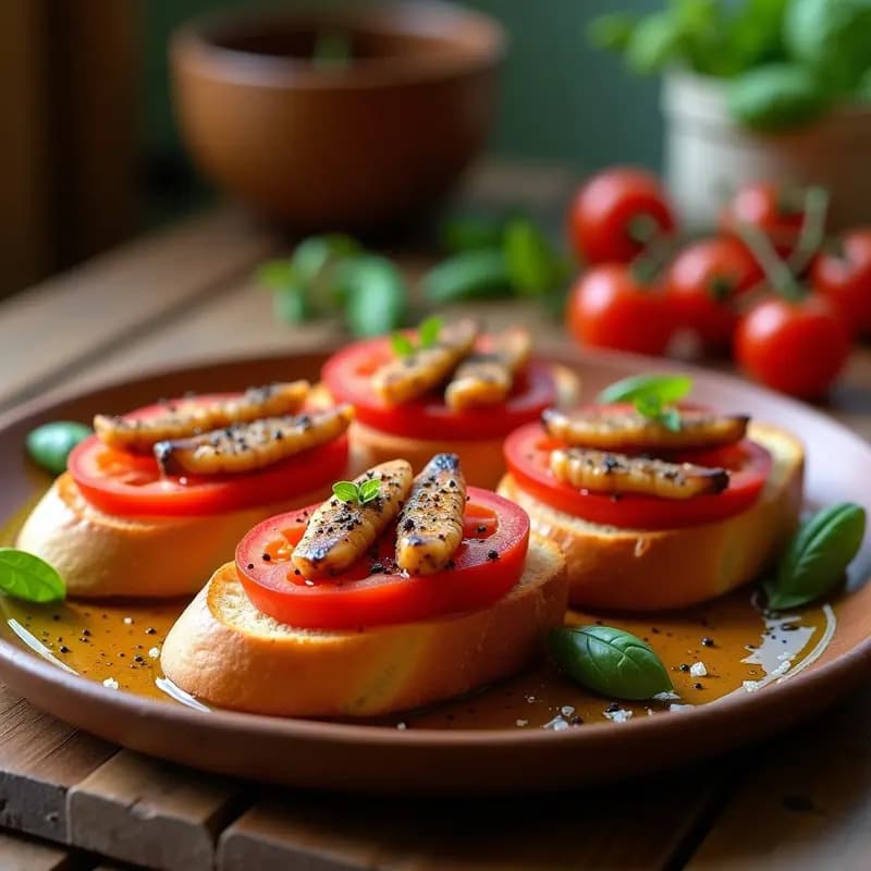 Tosta de pan crujiente con tomate frotado, filetes de anchoas en aceite y un hilo de aceite de oliva virgen extra, servida en un plato de madera rústico.