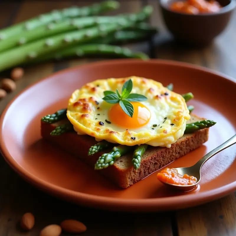 Tosta de pan de centeno tostado con generosa capa de salsa romesco rojiza, coronada por tortilla jugosa de espárragos trigueros, desayuno salado catalán tradicional.