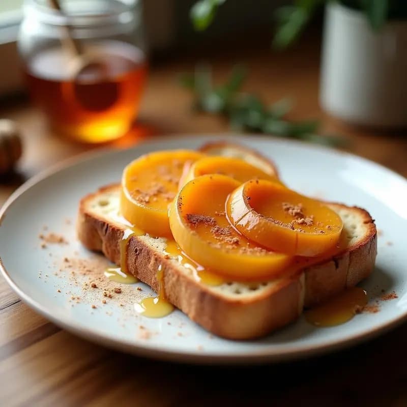 Tosta dorada de pan integral con rodajas de sobao pasiego tradicional, bañadas en miel de romero y espolvoreadas con canela, desayuno cántabro energético sobre plato blanco rústico.