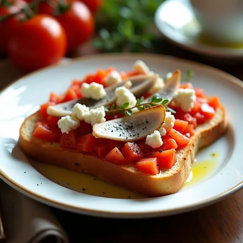 Tosta dorada de pan con tomate frotado, anchoas en filetes, queso fresco desmenuzado y hojas de albahaca, servida en plato blanco rústico. Receta de desayuno catalán rápido y nutritivo.