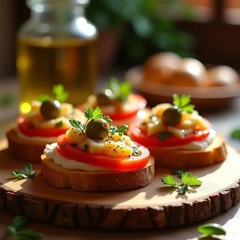 Tosta dorada de pan de barra con tomate frotado, ventresca de atún desmenuzada y aceitunas verdes aliñadas con perejil y limón, receta andaluza tradicional.
