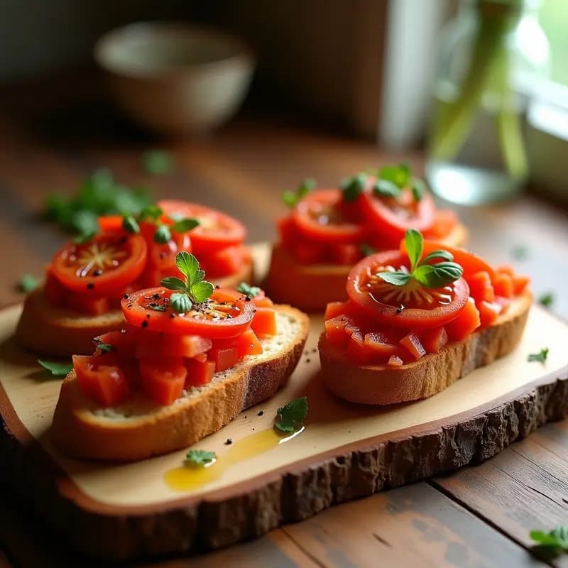 Tosta de pan de barra crujiente con tomate rallado fresco, tiras de pimientos asados rojos y ventresca de atún desmenuzada, decorada con perejil y un hilo de aceite de oliva virgen extra. Aperitivo catalán tradicional servido en bandeja de madera rústica.