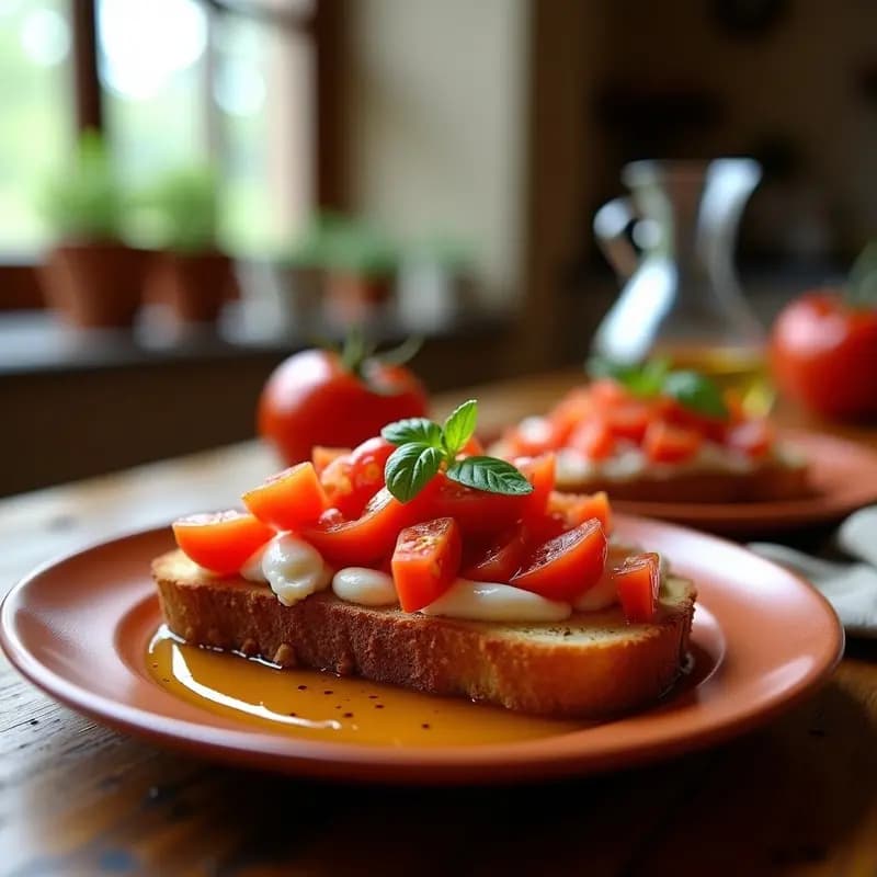 Tosta dorada de pan rústico con tomate triturado, trozos de ventresca de atún y un hilo de aceite de oliva virgen extra, servida en plato de barro con fondo desenfocado.