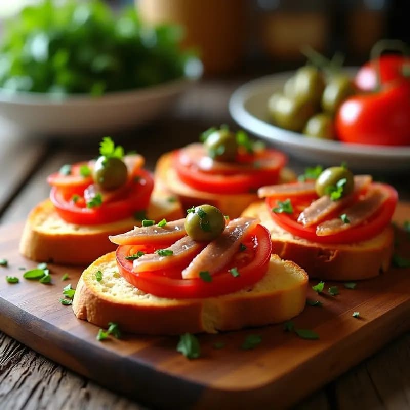 Tosta de pan dorado con tomate fresco frotado, filetes de anchoas, aceitunas verdes picadas y perejil fresco, servida sobre una tabla de madera rústica. Receta catalana de aperitivo tradicional.
