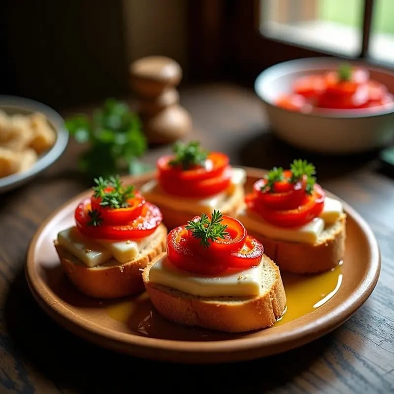 Tosta de pan rústico tostado con capas de pimientos del piquillo asados en tiras y ventresca de atún desmenuzada, decorada con perejil fresco y un hilo de aceite de oliva virgen extra, servida en plato de madera sobre fondo oscuro.